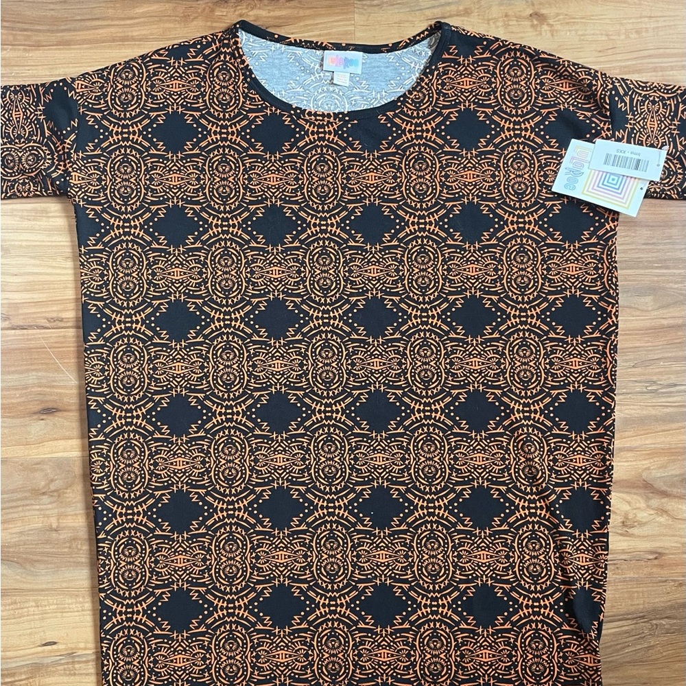 LuLaRoe Irma XXS Top Black Orange Tribal Print Fall Vibes NWT